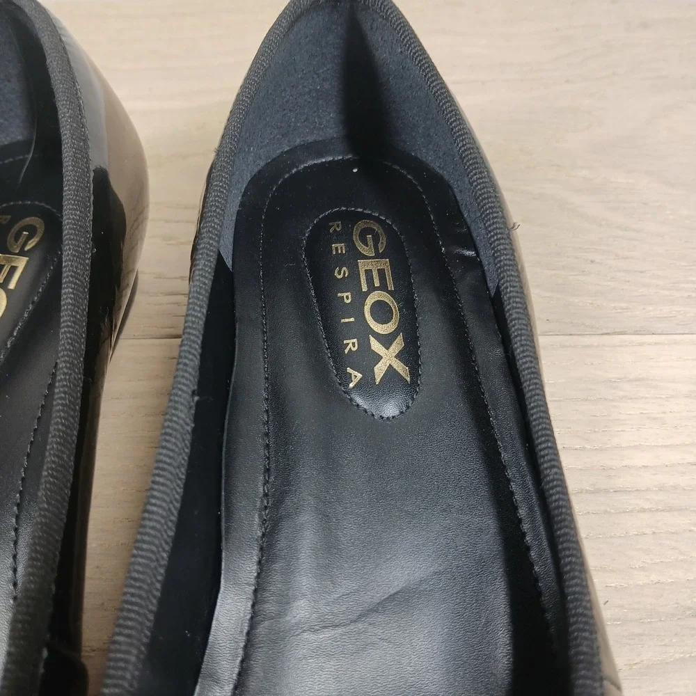 Geox Ballet Flats Womens 38 Black Patent Leather Square Toe Bow Low Wedge Shoe